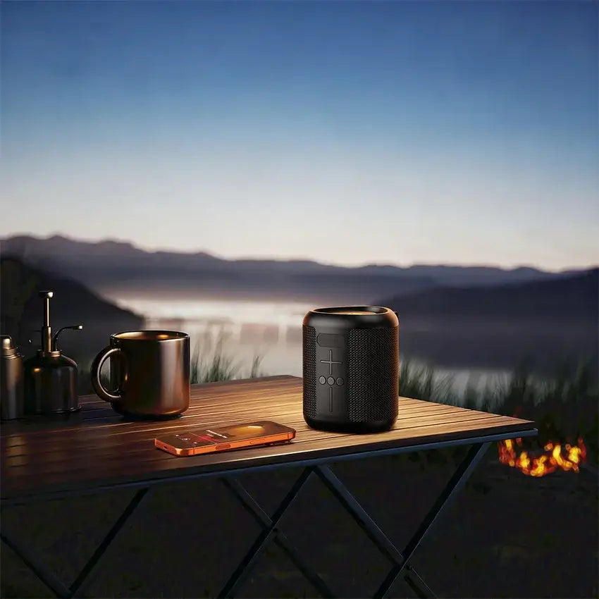 A black portable Bluetooth speaker sits on a wooden folding table outdoors at dusk, with a mug, phone, and camping gear nearby and a mountain landscape in the background.
