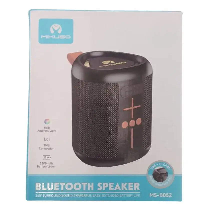 MIKUSO Bluetooth speaker in its original retail packaging, featuring a black cylindrical speaker with rose gold accents on the front, shown against a white background.