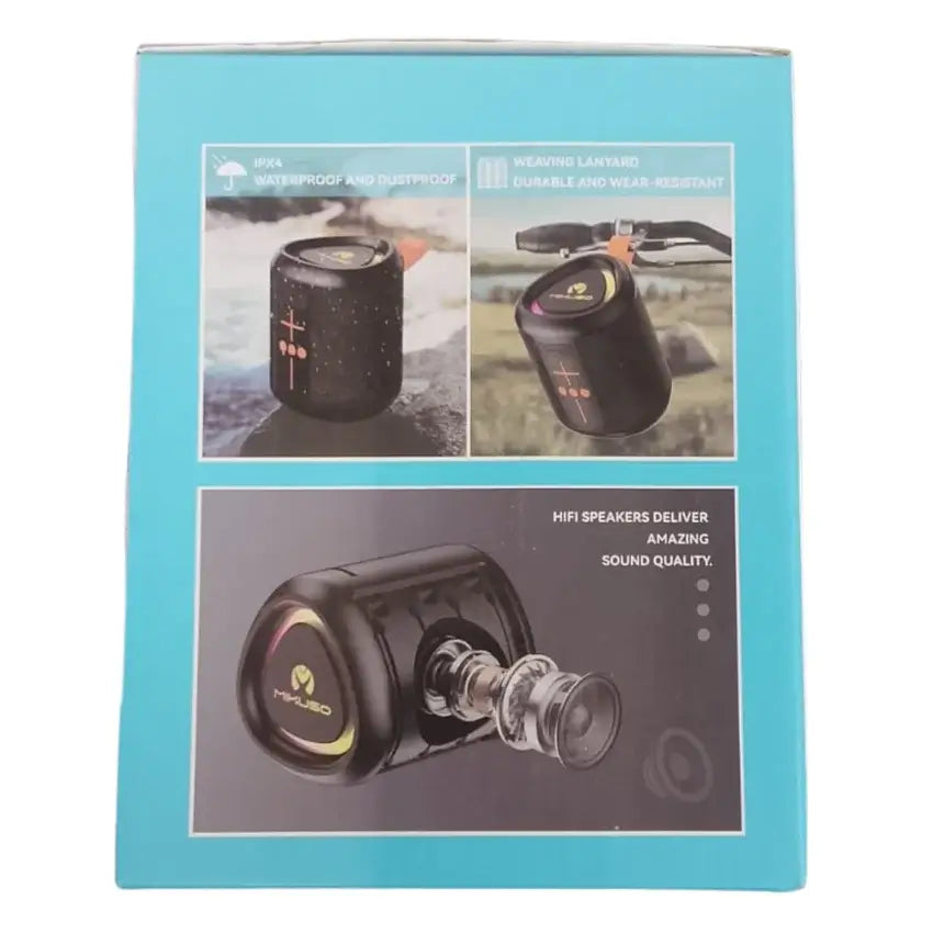 A product box for a black waterproof and rugged speaker, featuring three panels with product images and text highlighting its features.