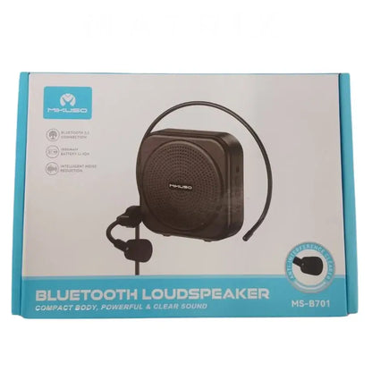 A retail box for a Mikuso MS-B701 Bluetooth loudspeaker, featuring a white and teal design with an illustration of the black speaker and headset on the front.