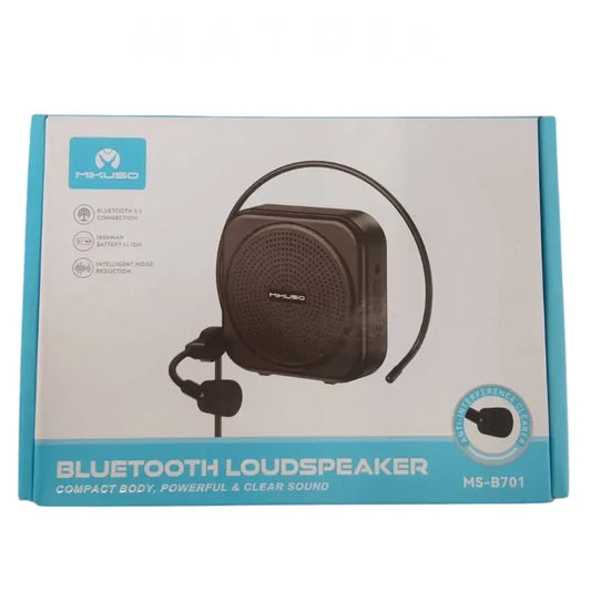 A retail box for a Mikuso MS-B701 Bluetooth loudspeaker, featuring a white and teal design with an illustration of the black speaker and headset on the front.