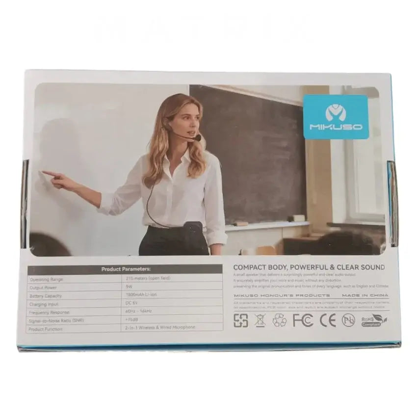 The back of a white and blue MIKUSO wireless bluetooth speaker and microphone, featuring product specifications, a photo of a woman wearing the headset, and certification logos.