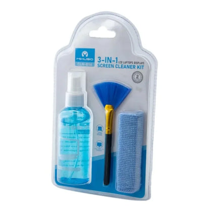 3-in-1 screen cleaner kit with spray bottle, brush, and cloth in clear packaging on a white background
