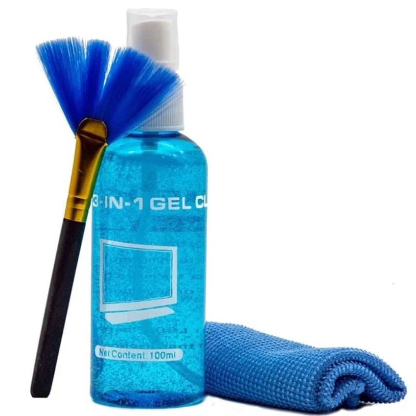 Cleaning kit with blue bottle, brush, and cloth on a white background