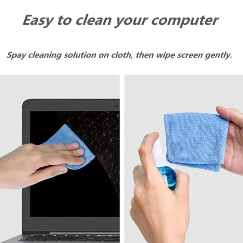 Step-by-step guide on cleaning a computer screen with a cloth and cleaning solution.