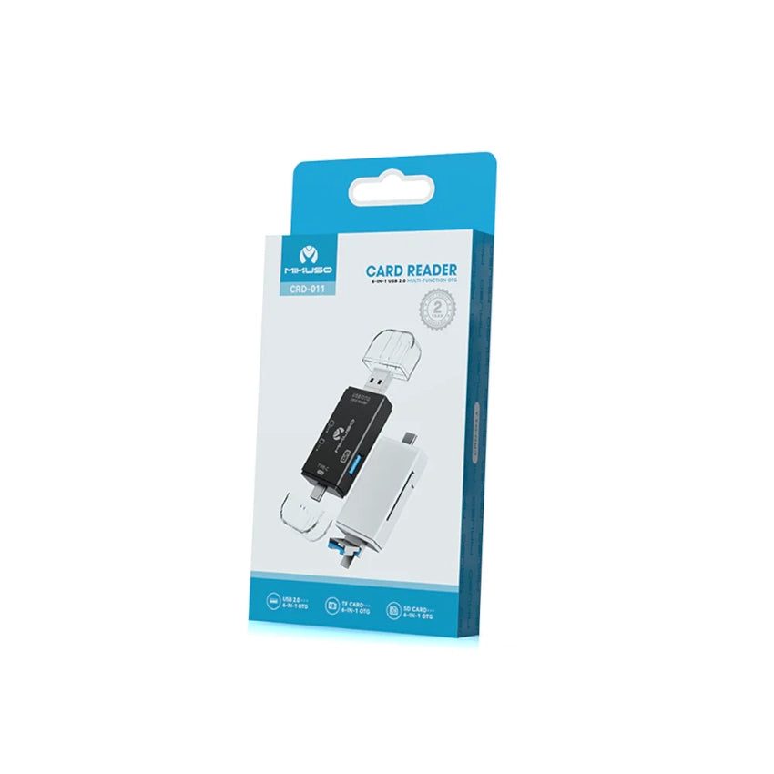 Card reader packaging with blue and white design on a white background