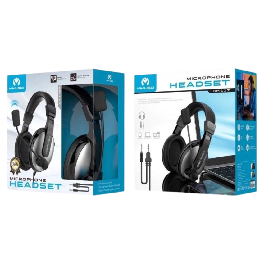 Mikuso Headset packaging with headphones and microphone illustration on a white background