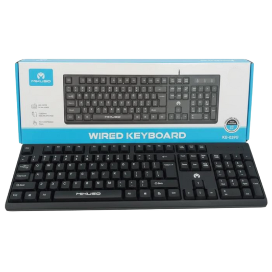 Mikuso KB-039U Black keyboard with packaging on a white background