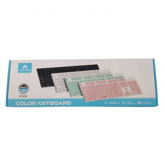 A retail box for a multi-color keyboard skin set by the brand Mikuso, showing three sample keyboard layouts in black, white, mint green, and pastel pink on a white background.