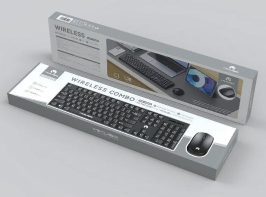 Mikuso KB-C026 Wireless keyboard and mouse combo packaging on a light gray background