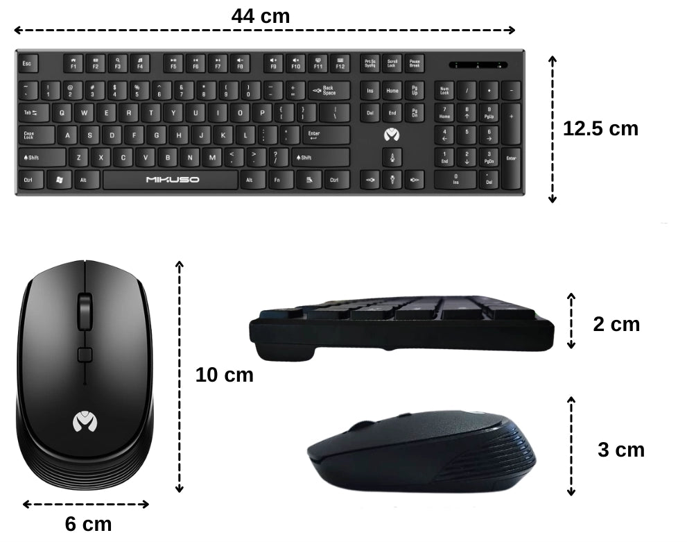 Mikuso KB-C026 wireless Keyboard and mouse with dimensions labeled