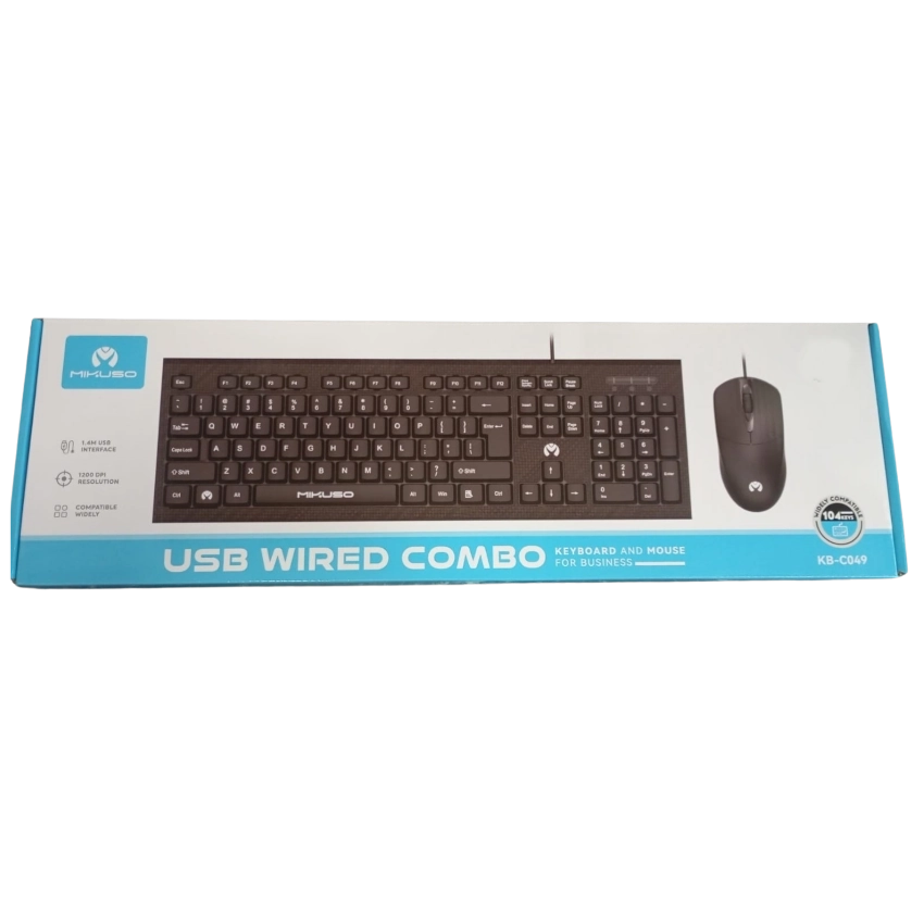 Box packaging of a USB wired keyboard and mouse combo on a white background