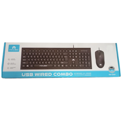 Box packaging of a USB wired keyboard and mouse combo on a white background