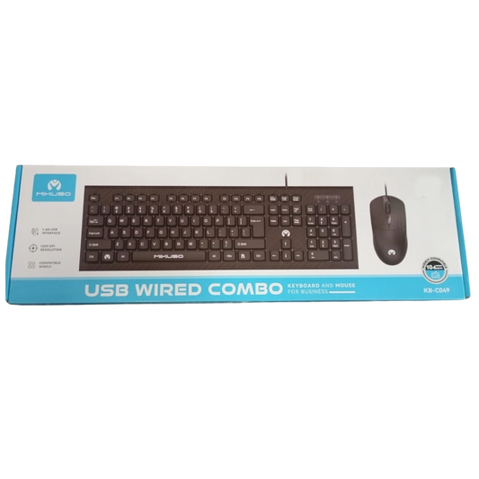 Box packaging of a USB wired keyboard and mouse combo on a white background