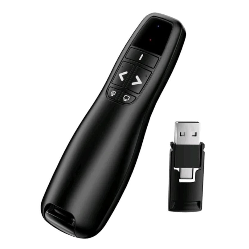 Mikuso LP-117 Black laser pointer and USB receiver on a white background