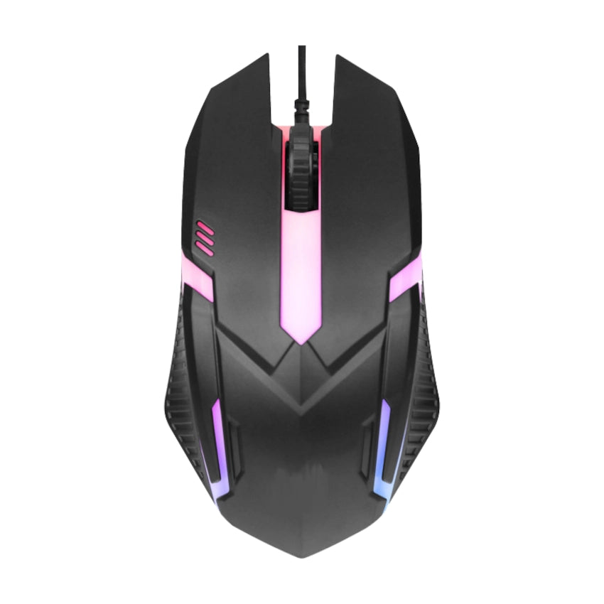 Mikuso MOS-379U Black gaming mouse with pink and purple accents on a white background