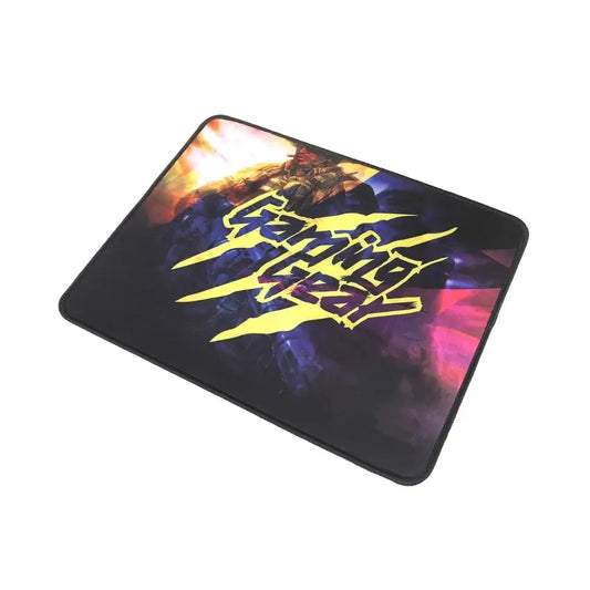 Mouse pad with colorful design and text on a white background