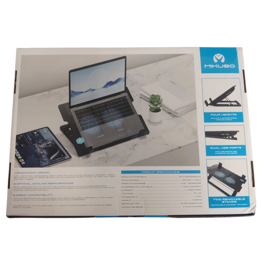 Product packaging for a Mikuso NCP-236  laptop stand with a laptop on top, on a white background.