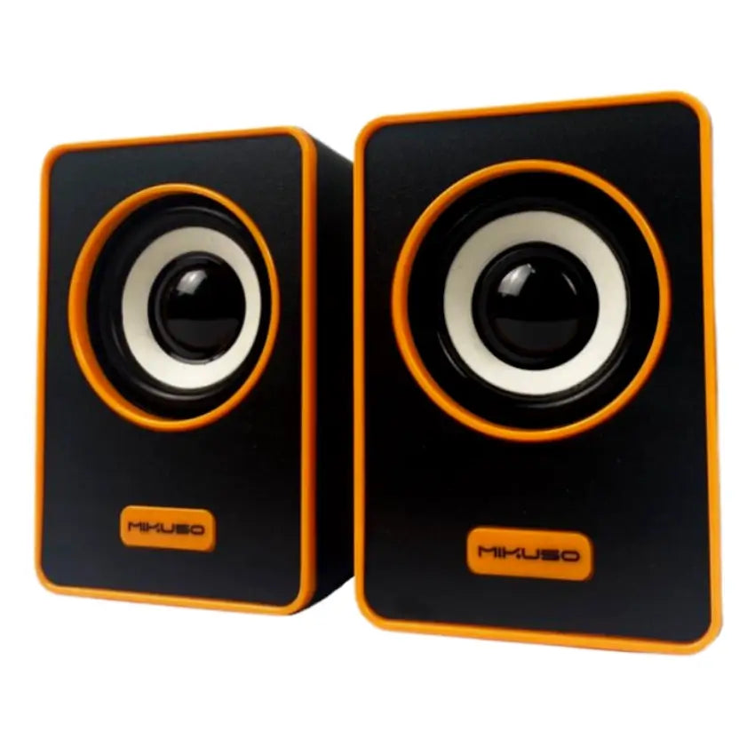 Orange and black Mikuso SPK-049 USB Desktop speakers on a white background