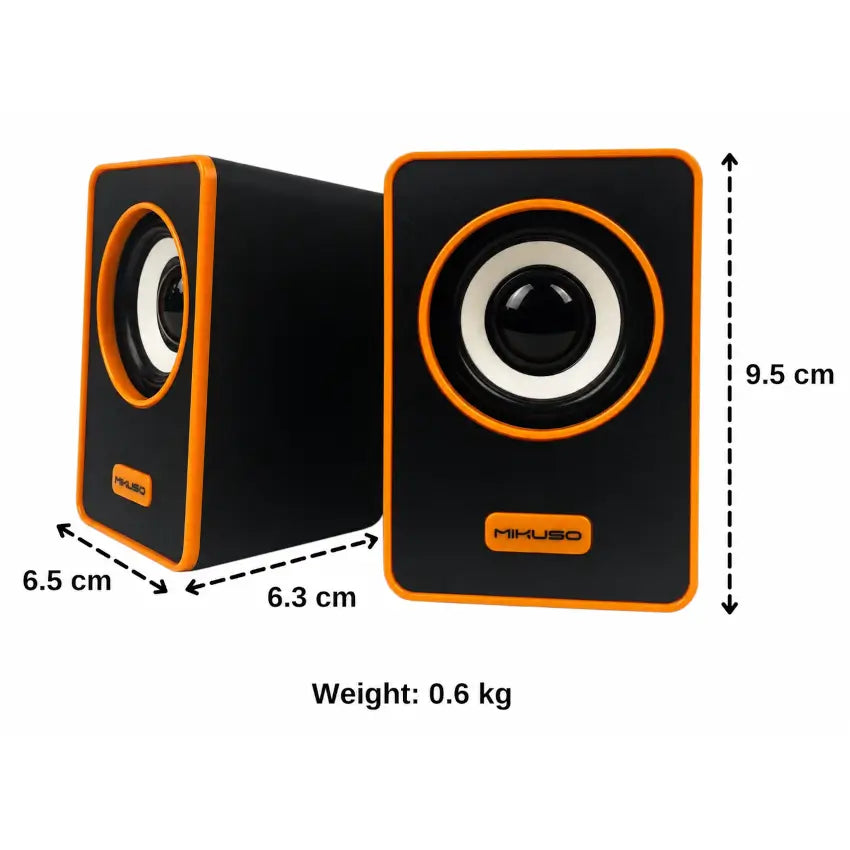 Dimensions of the Mikuso SPK-049 orange and black usb desktop speakers on a white background