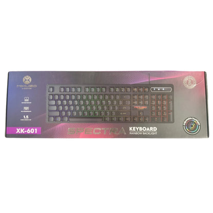 Boxed MIkuso XP-601 Spectra keyboard with rainbow backlighting on a white background