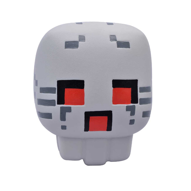 Minecraft Mega Squishme Ghast toy with a white face, gray accents, and red and black eyes on a white background