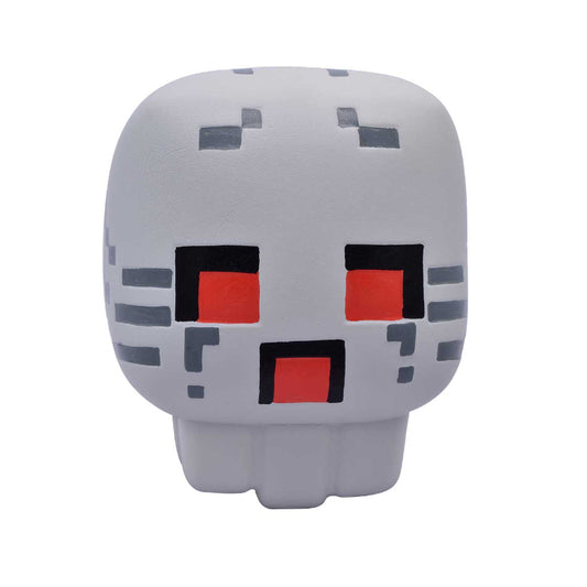 Minecraft Mega Squishme Ghast toy with a white face, gray accents, and red and black eyes on a white background
