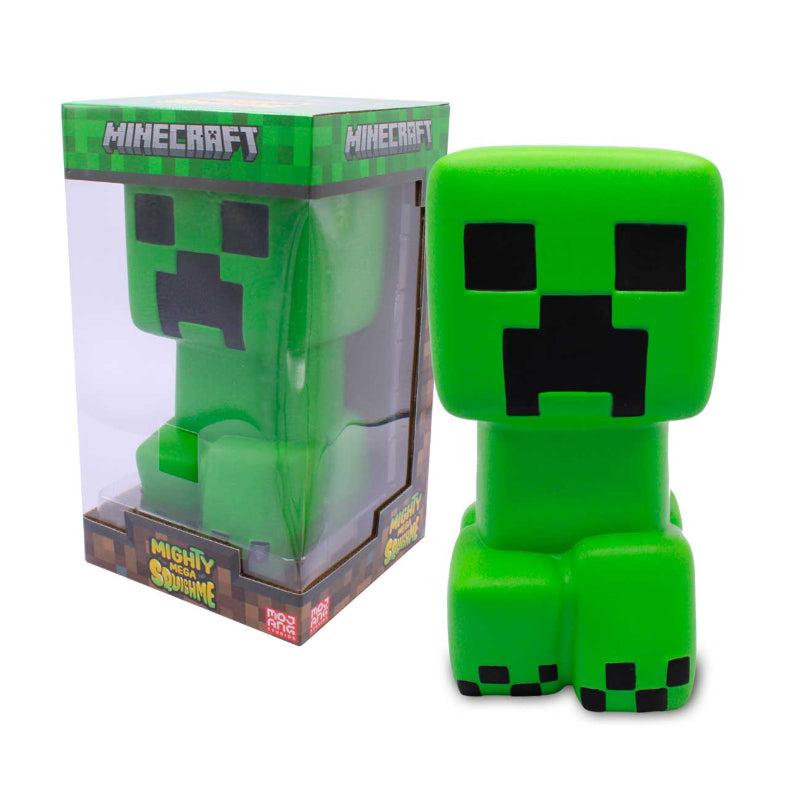 Green Minecraft Creeper Mighty Mega Squishme with packaging on a white background