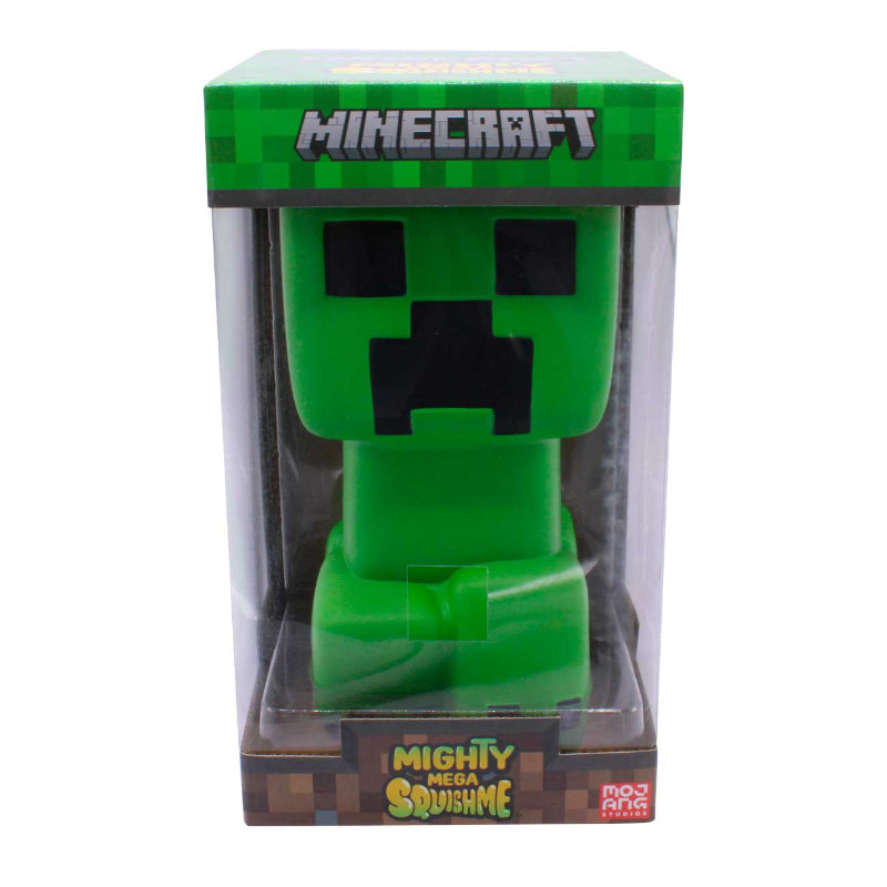 Front view of the Green Minecraft Creeper Mighty Mega Squishme in packaging on a white background