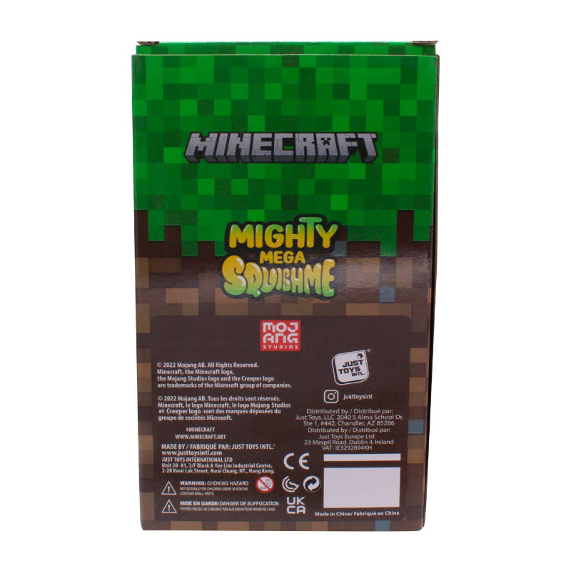 Minecraft Mighty Mega Squishme toy packaging with green and brown design.
