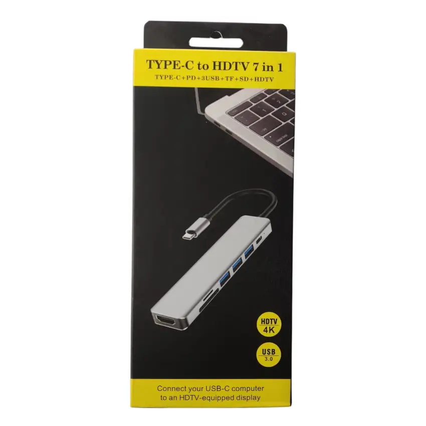 Packaging of a Type-C to HDTV 7-in-1 adapter with USB-C, PD, HDMI, TF, SD, and HDTV connectors.