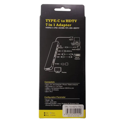 Back view of a Type-C to HDTV 7 in 1 adapter packaging with black and yellow design.