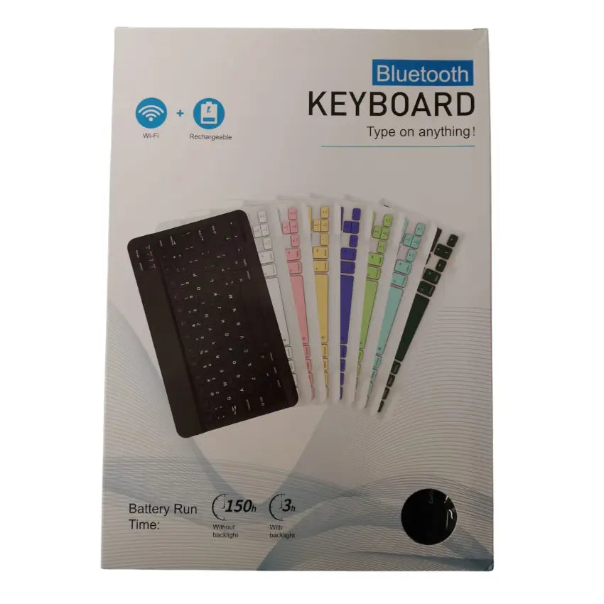 Packaging of a Bluetooth keyboard with colorful keycaps on a white background