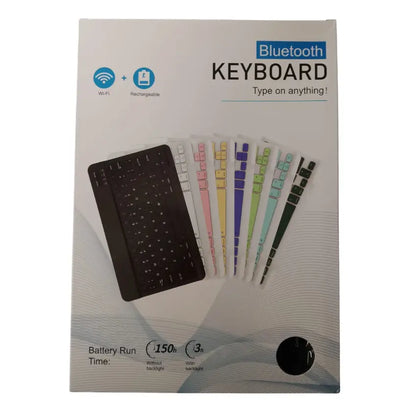 Packaging of a Bluetooth keyboard with colorful keycaps on a white background