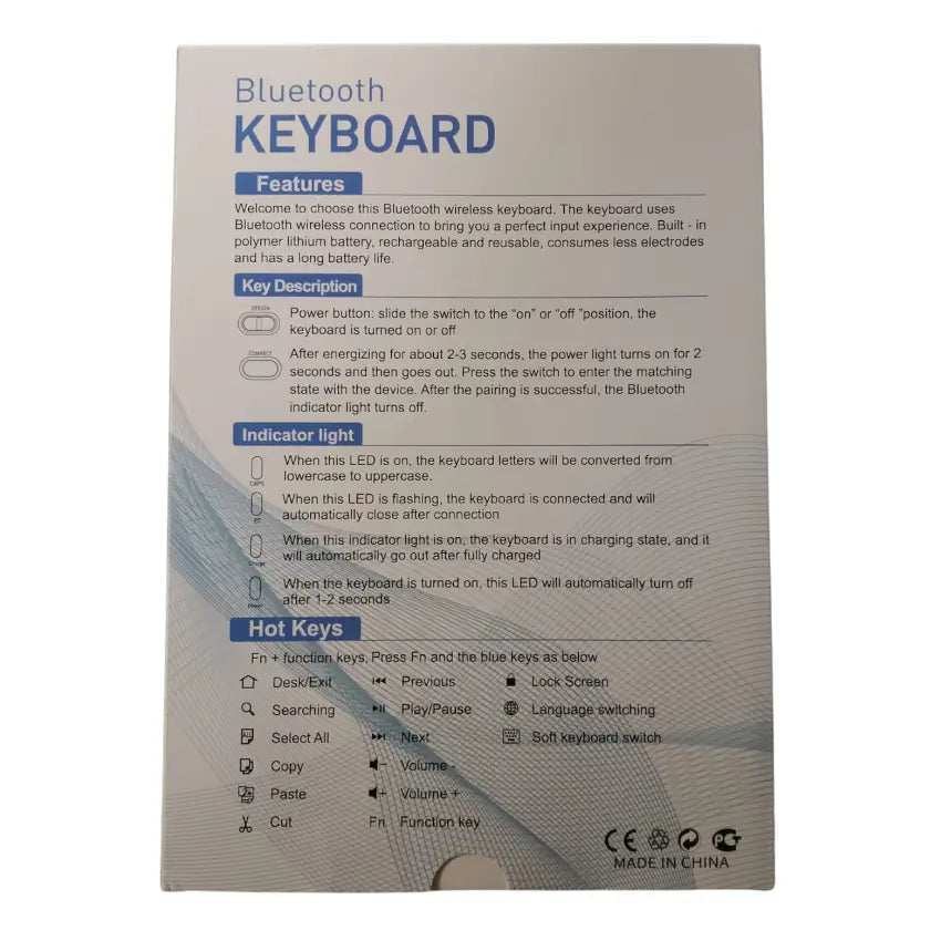 Box of a Bluetooth keyboard with specifications and features listed.