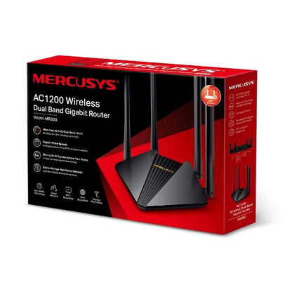 Mercusys MR30G Retail Packaging – Red Box Showing Product Image and Key Features