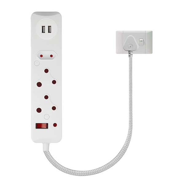 Switched 3-Way Surge-Protected Multiplug with Dual USB – 3 m White