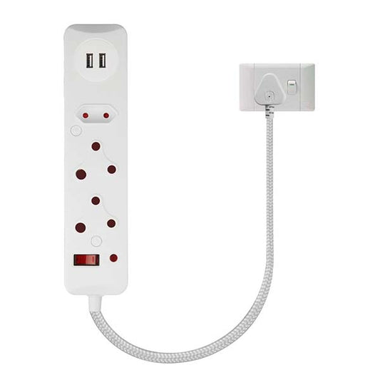 Switched 3-Way Surge-Protected Multiplug with Dual USB – 3 m White