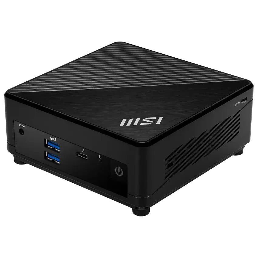 Right angled front view of the MSI Cubi 5 M1 Barebones mini desktop pc showing the Combo Aux, 2x USB-A 10Gbs, 1x Thunderbolt 4 Ports and Power Button
