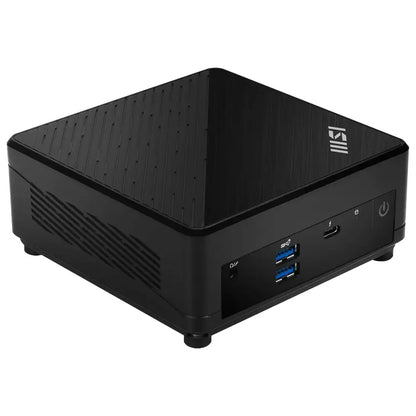 Left angled front view of the MSI Cubi 5 M1 Barebones mini desktop pc showing the Combo Aux, 2x USB-A 10Gbs, 1x Thunderbolt 4 Ports and Power Button