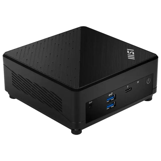 Left angled front view of the MSI Cubi 5 M1 Barebones mini desktop pc showing the Combo Aux, 2x USB-A 10Gbs, 1x Thunderbolt 4 Ports and Power Button