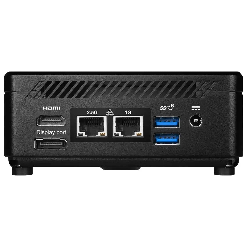 Rear port view of the MSI Cubi 5 M1 Barebones Mini desktop pc showing the HDMI, DisplayPort, 2.5GB and 1GB RJ45 Ports, 2x USB-A 10Gbps ports and power port. 
