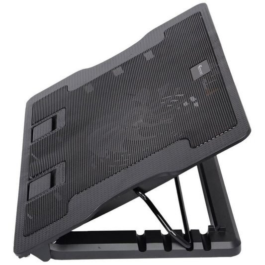 Black laptop cooling pad with brand logo on a white background