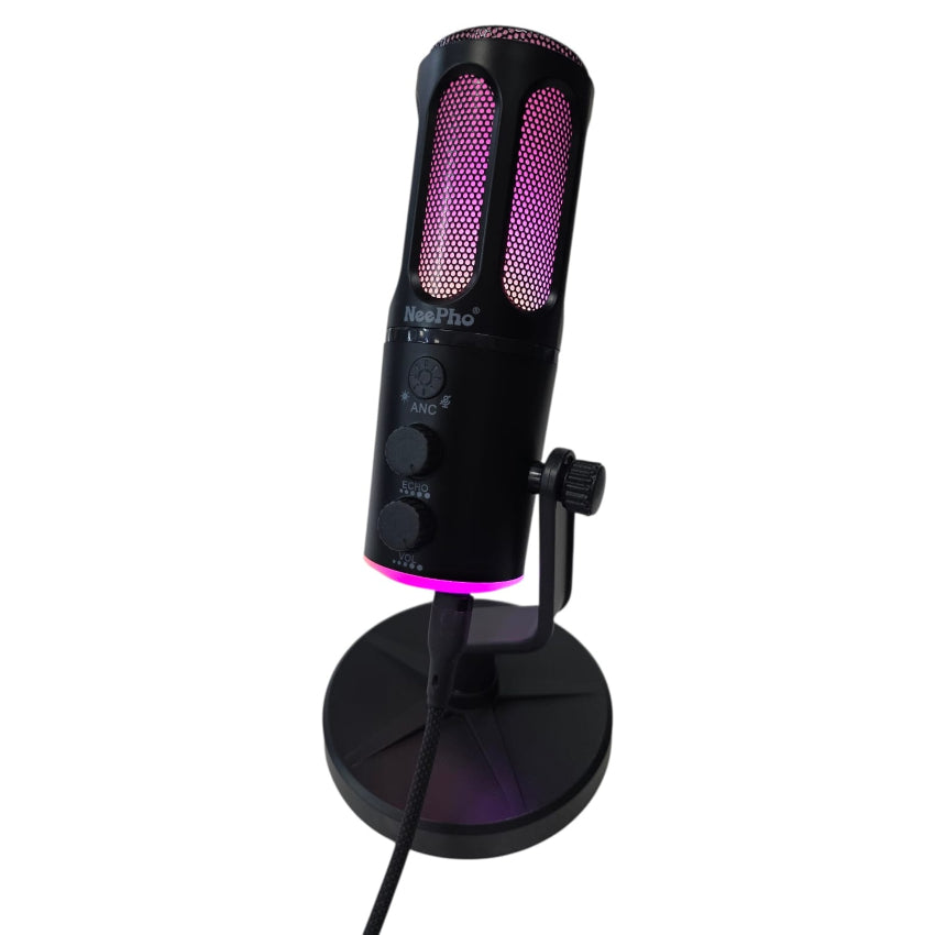 Black microphone with pink accents on a white background