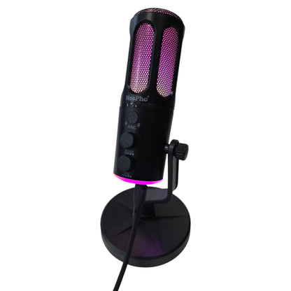 Black microphone with pink accents on a white background