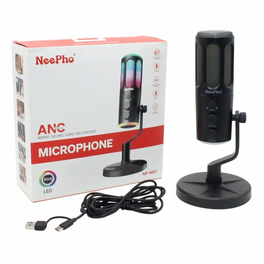 NeePho microphone with packaging and USB cable on a white background