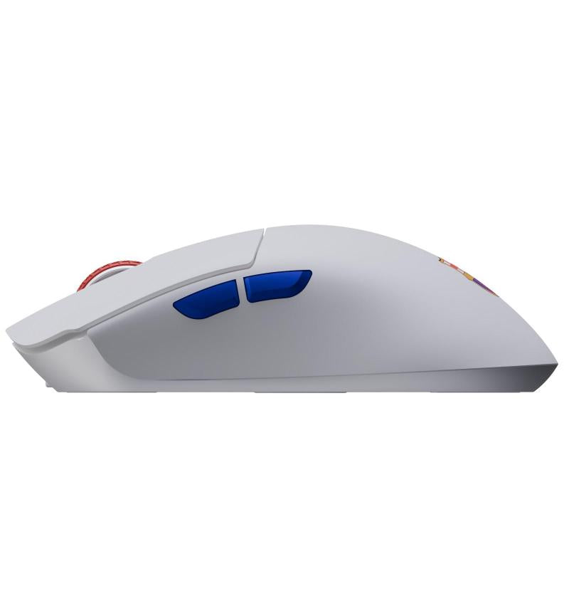 OCPC 3-in-1 gaming mouse in white with blue side buttons and red braided cable.