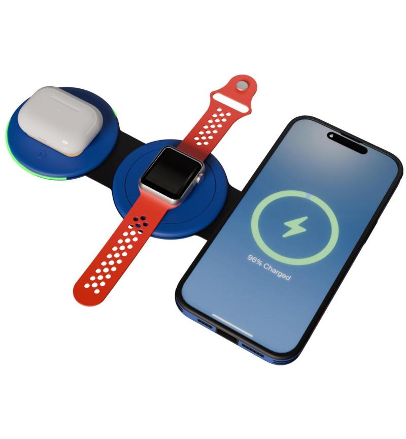 OCPC FCB 3-in-1 wireless charging dock charges iPhone, AirPods, and Apple Watch on blue multi-pad with red strap