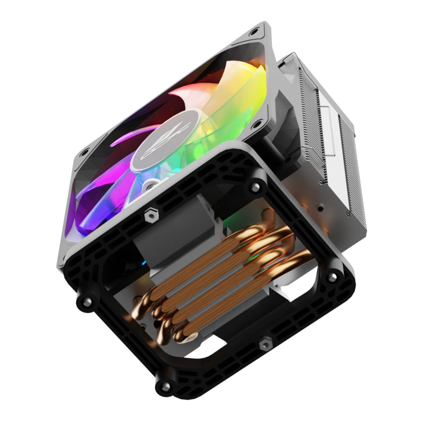 Bottom view of the OCPC ICE 120 RGB CPU cooling fan showing the copper pipe heatsink