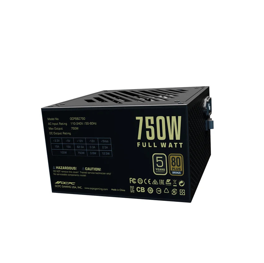 OCPC BZ750 750W 80+ Bronze Power Supply – Non-Modular, ATX, Dual EPS, 120mm Fan